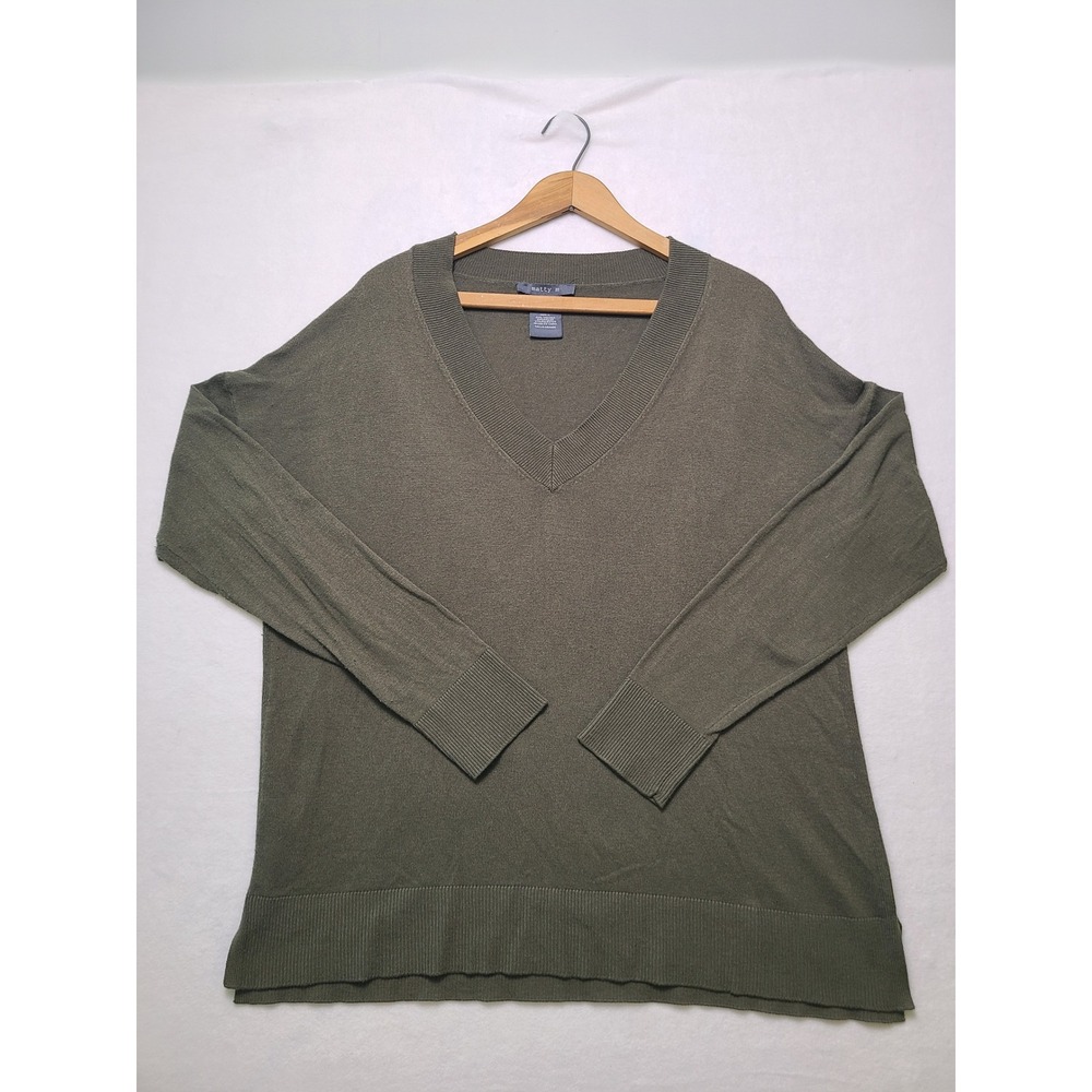 LG V-Neck Sweater Olive Green Long Sleeve Ribbed Knit Preppy Academia Minimalist